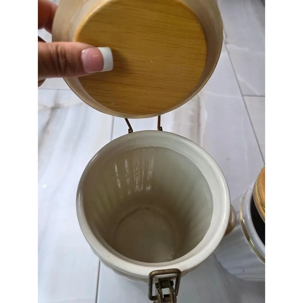 Vintage Ceramic Canister Set‎ Wood Lids Clamp Latch Farmhouse Kitchen Storage B2